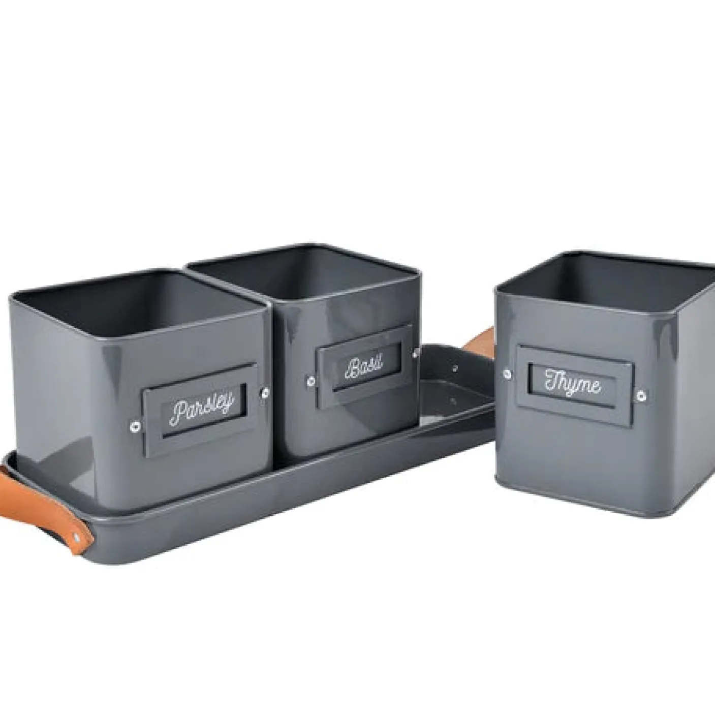 Set of 3 Herb Pots in a Leather Handled Tray - Grey