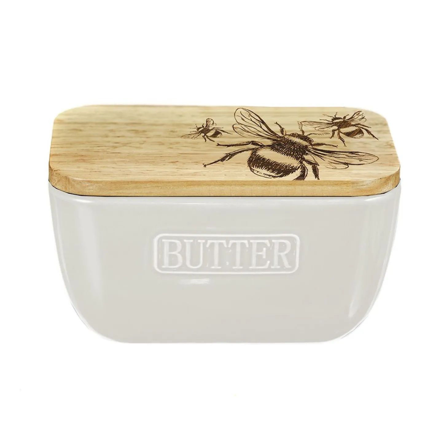 Bee Oak & Ceramic White Butter Dish