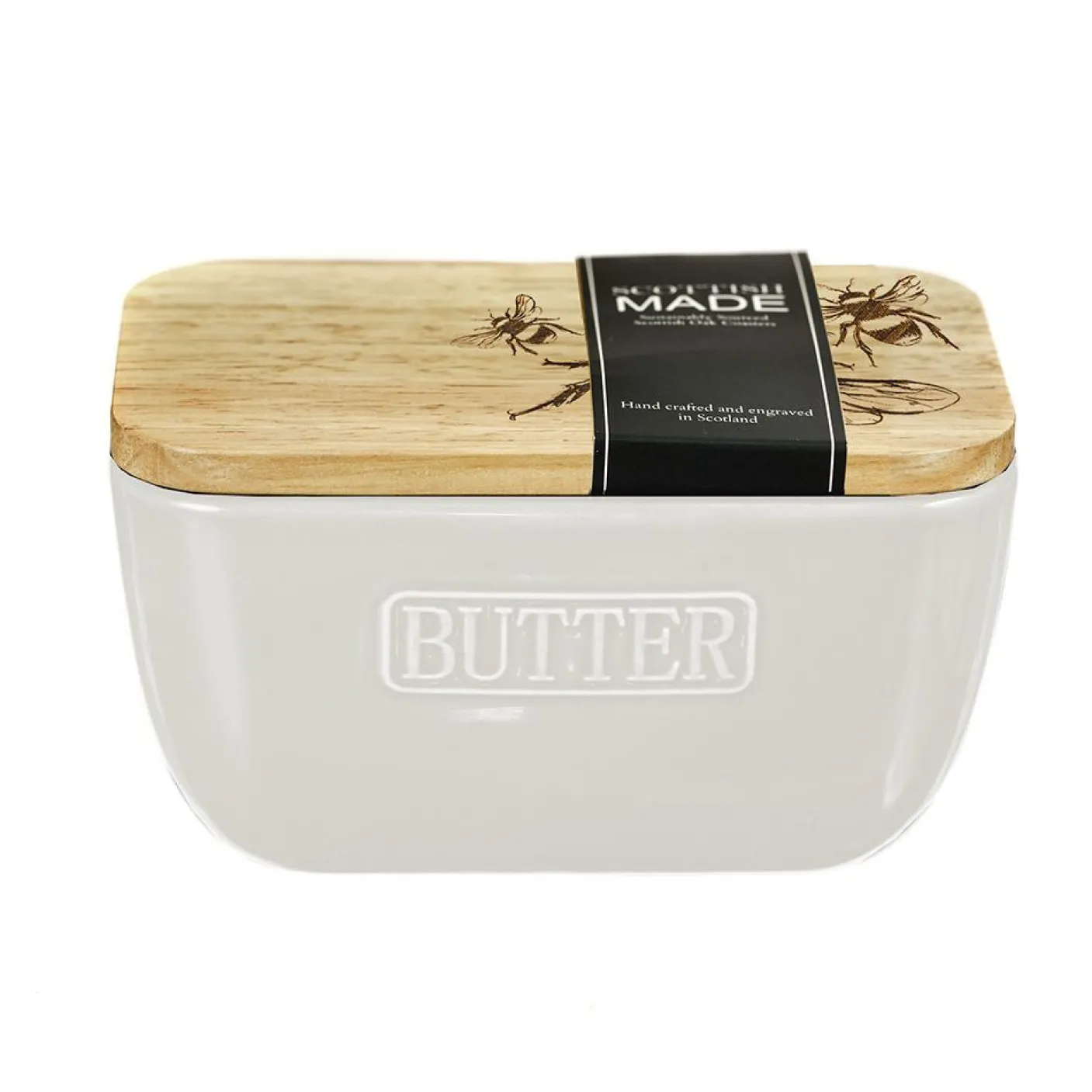 Bee Oak & Ceramic White Butter Dish