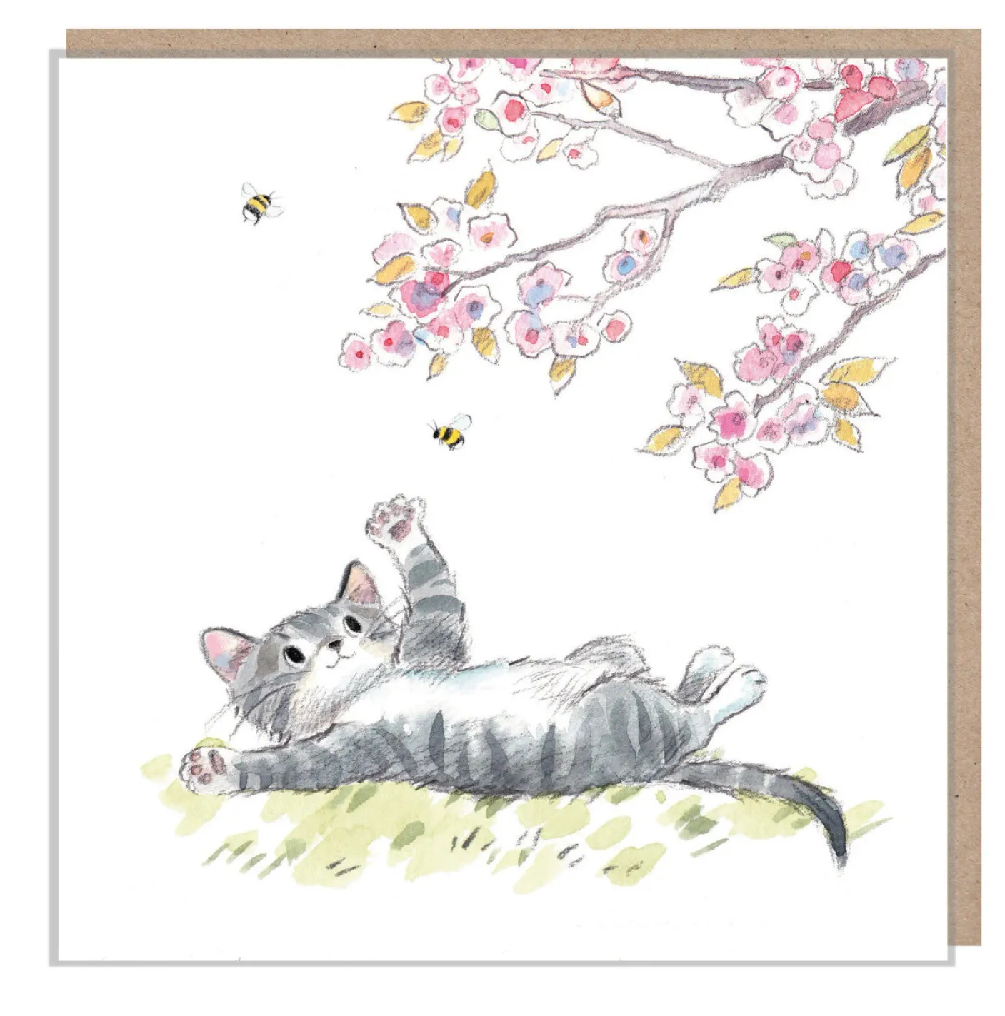 Cat Under Blossom Tree Greetings Card