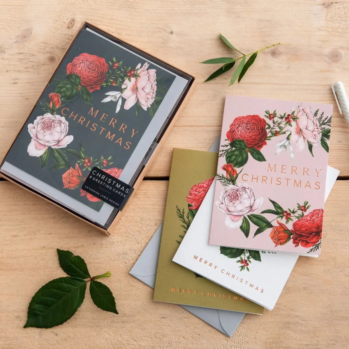 Berry Roses Range - Box of 8 Luxury Botanical Christmas Cards