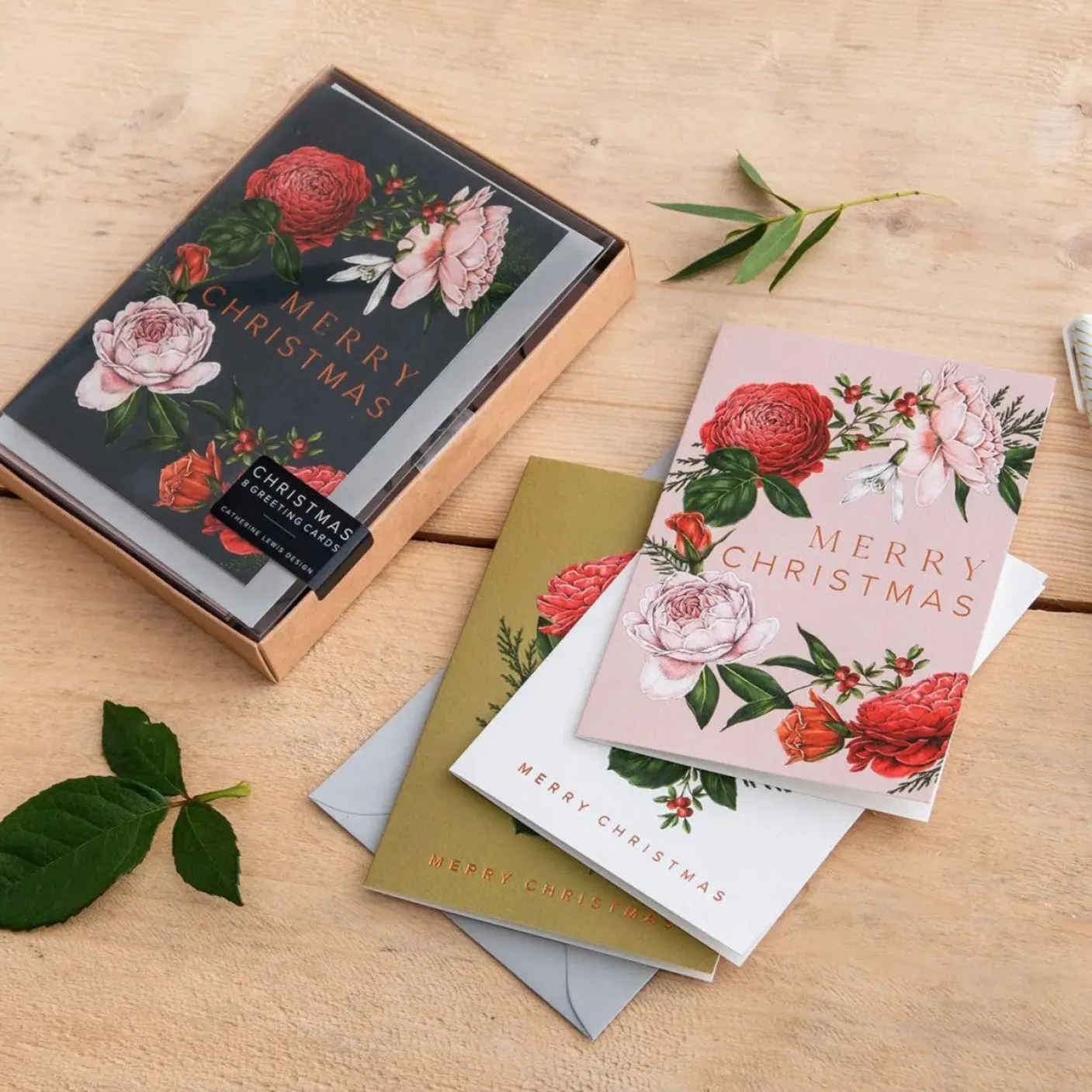 Berry Roses Range - Box of 8 Luxury Botanical Christmas Cards