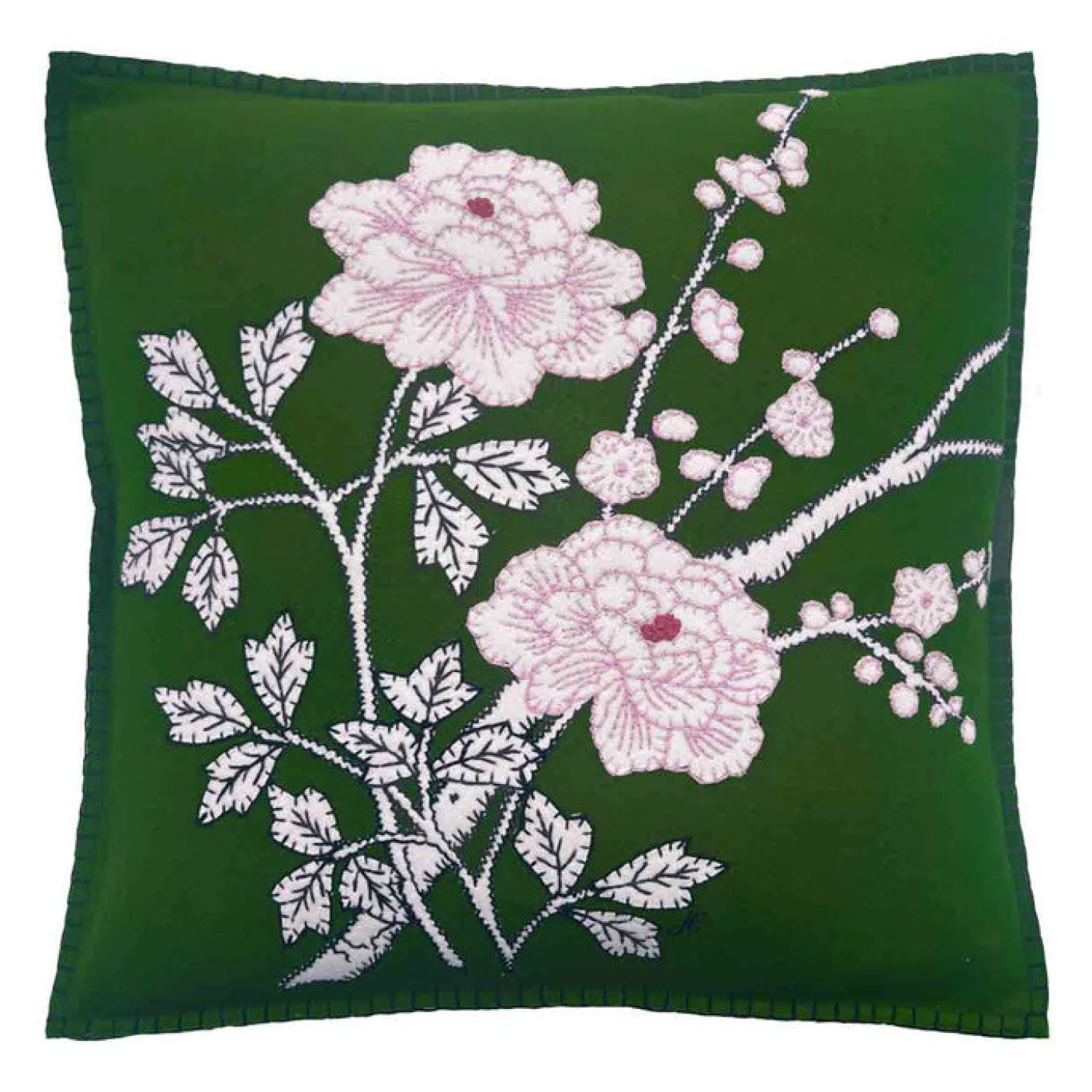Deep Green Peony Wool Pillow