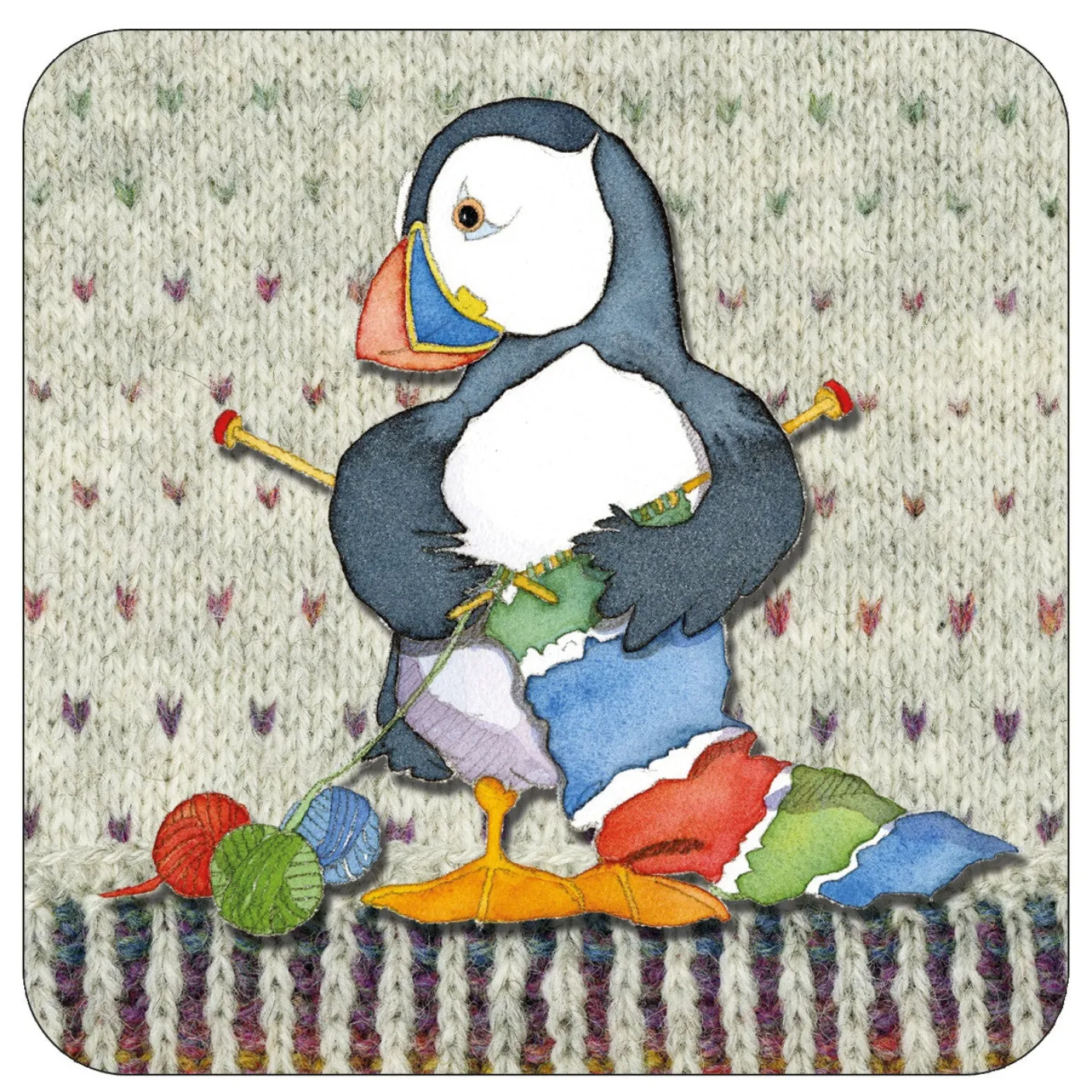 Knitting Woolly Puffins Coaster