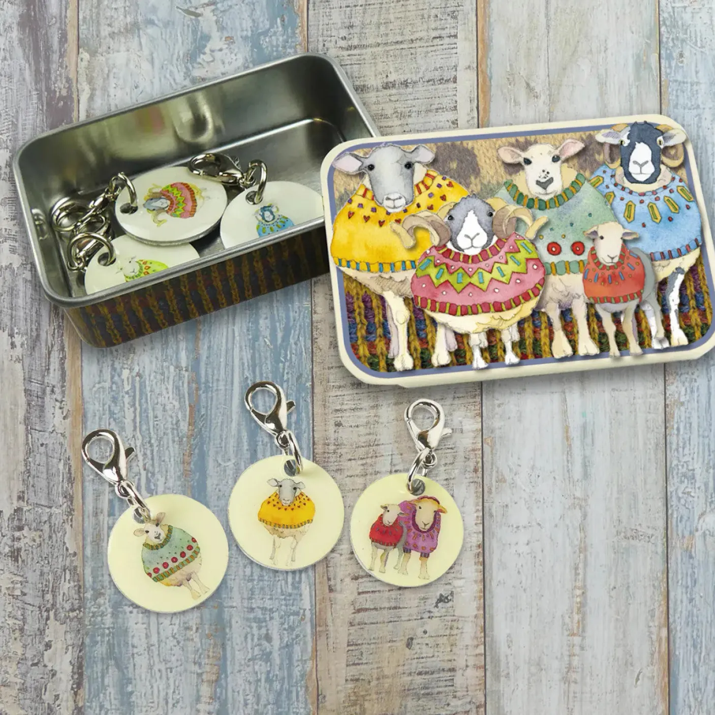 Sheep in Sweaters Set of 6 Stitch Crochet Markers in a Pocket Tin