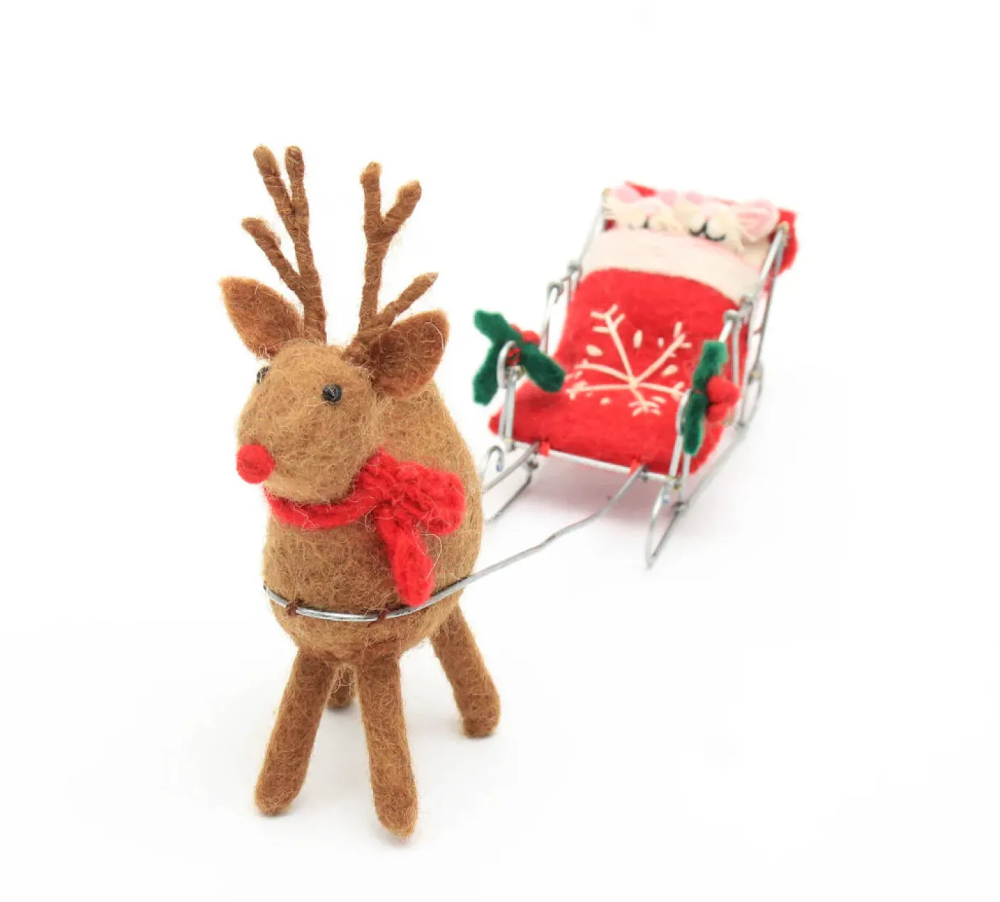Sleeping Mice on Sleigh with Reindeer Felt Decoration