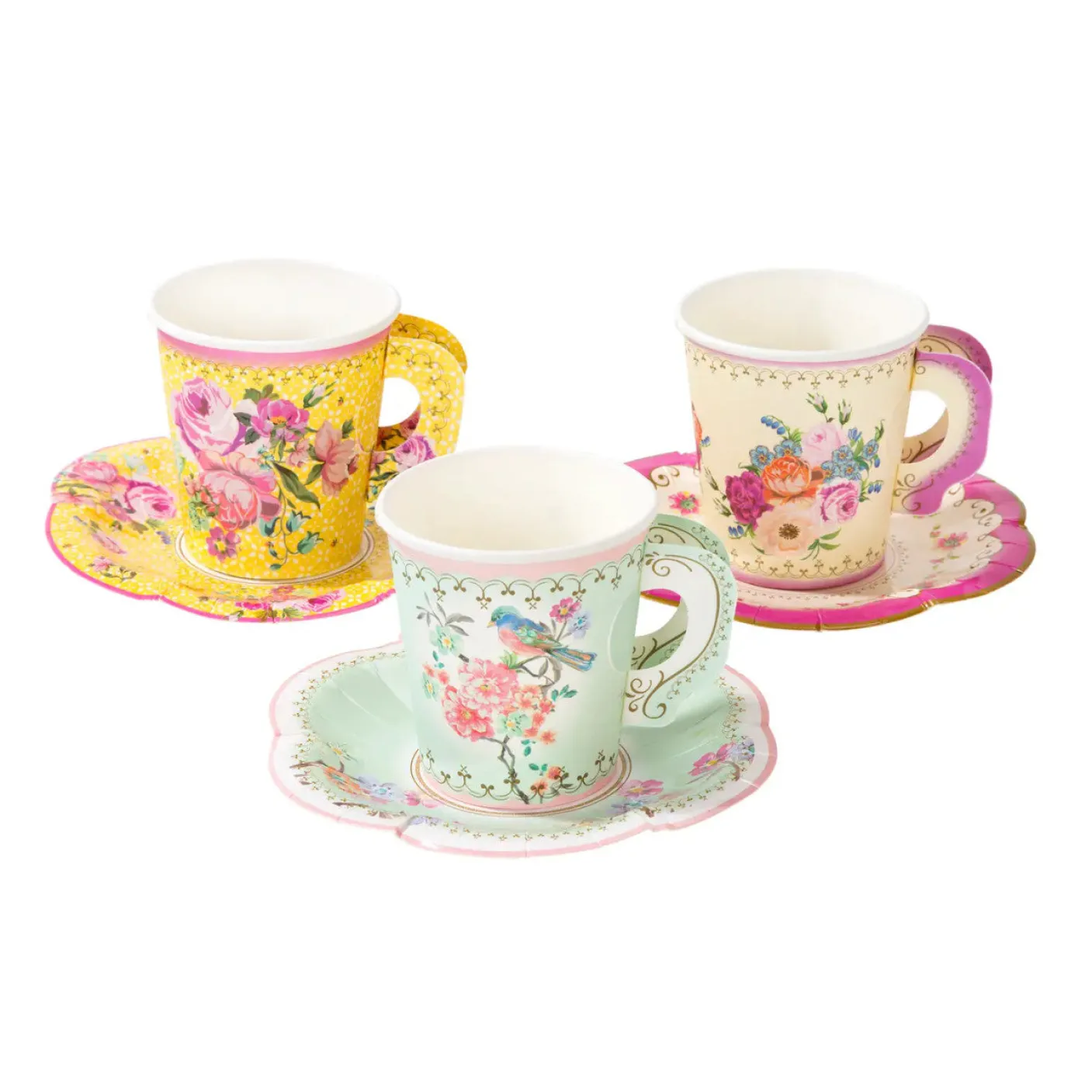 Vintage Paper Teacups and Saucers Set - 12 pack