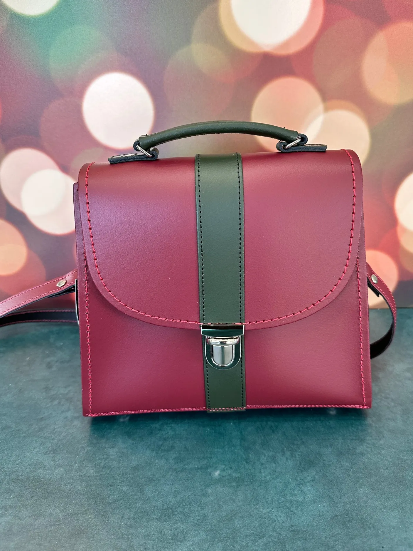 Zatchels Handmade Leather Kensington Handbag -Oxblood with Ivy Green Contrast