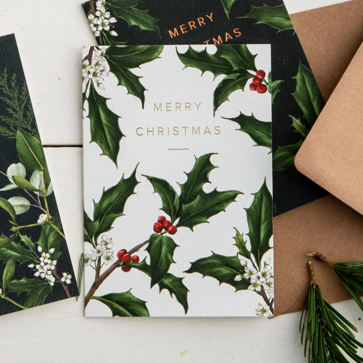 Holly Border - White - Christmas Card
