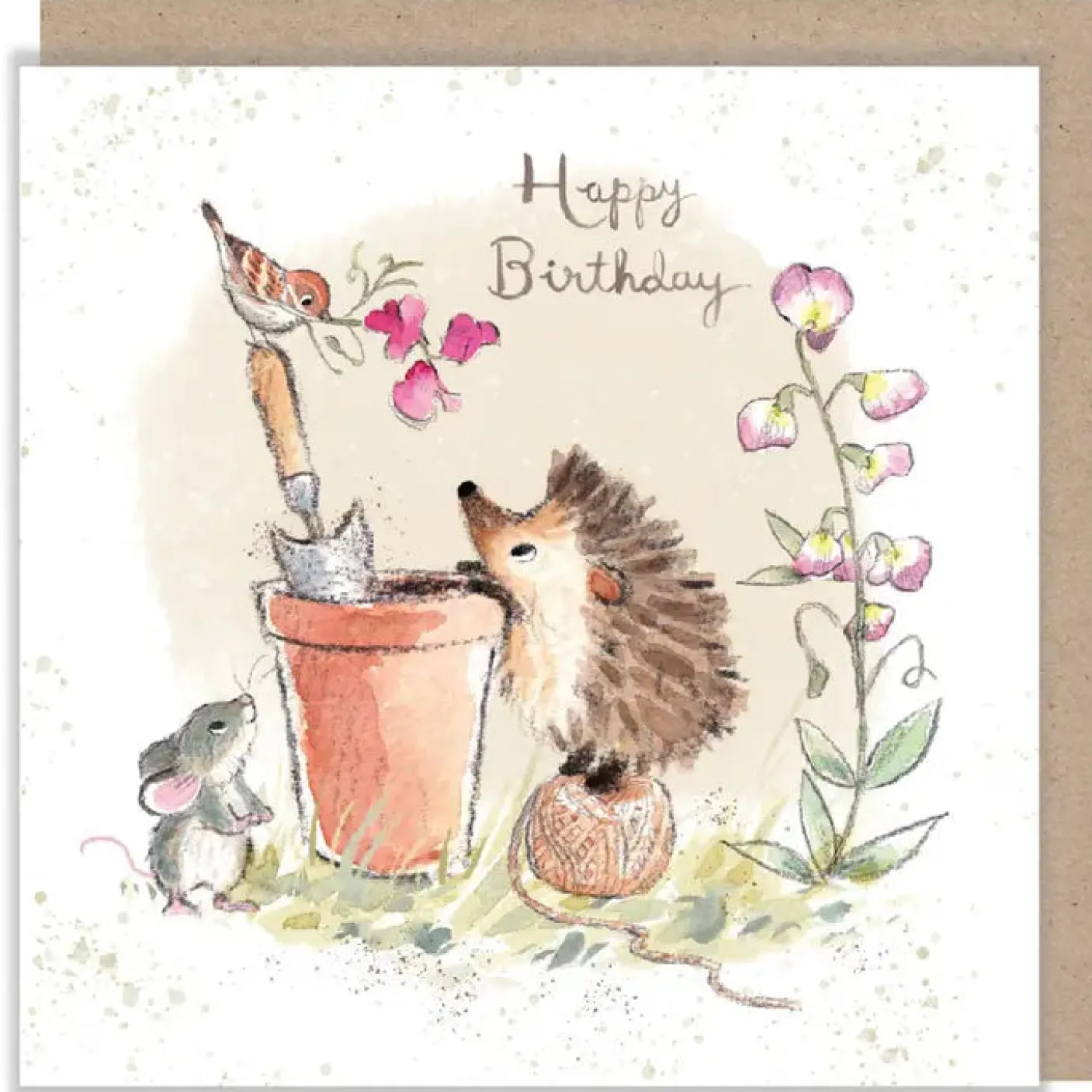 Hedgehog and Bird with Sweet Peas "Happy Birthday" Birthday Greetings Card