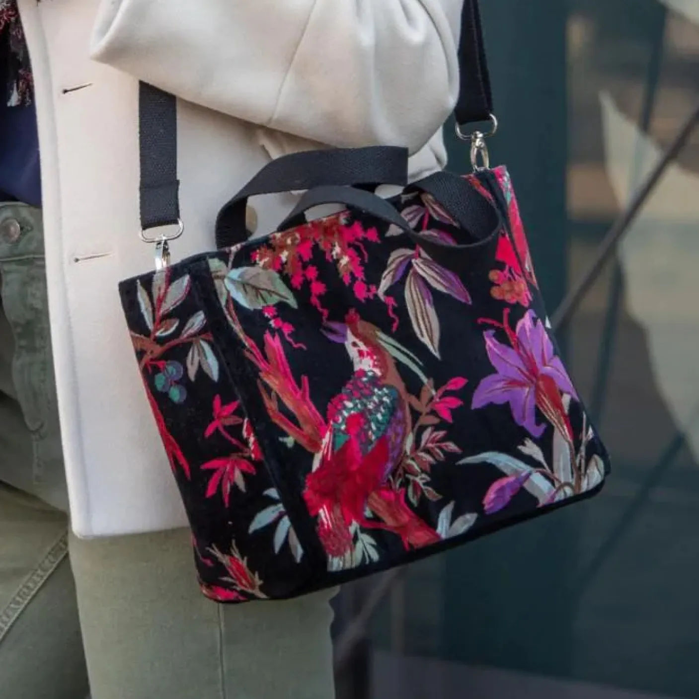 Eden Black Botanical Velvet Tote Bag