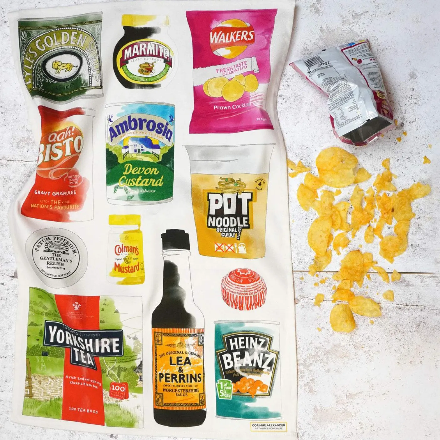 British Store Cupboard Tea Towel by Corinne Alexander