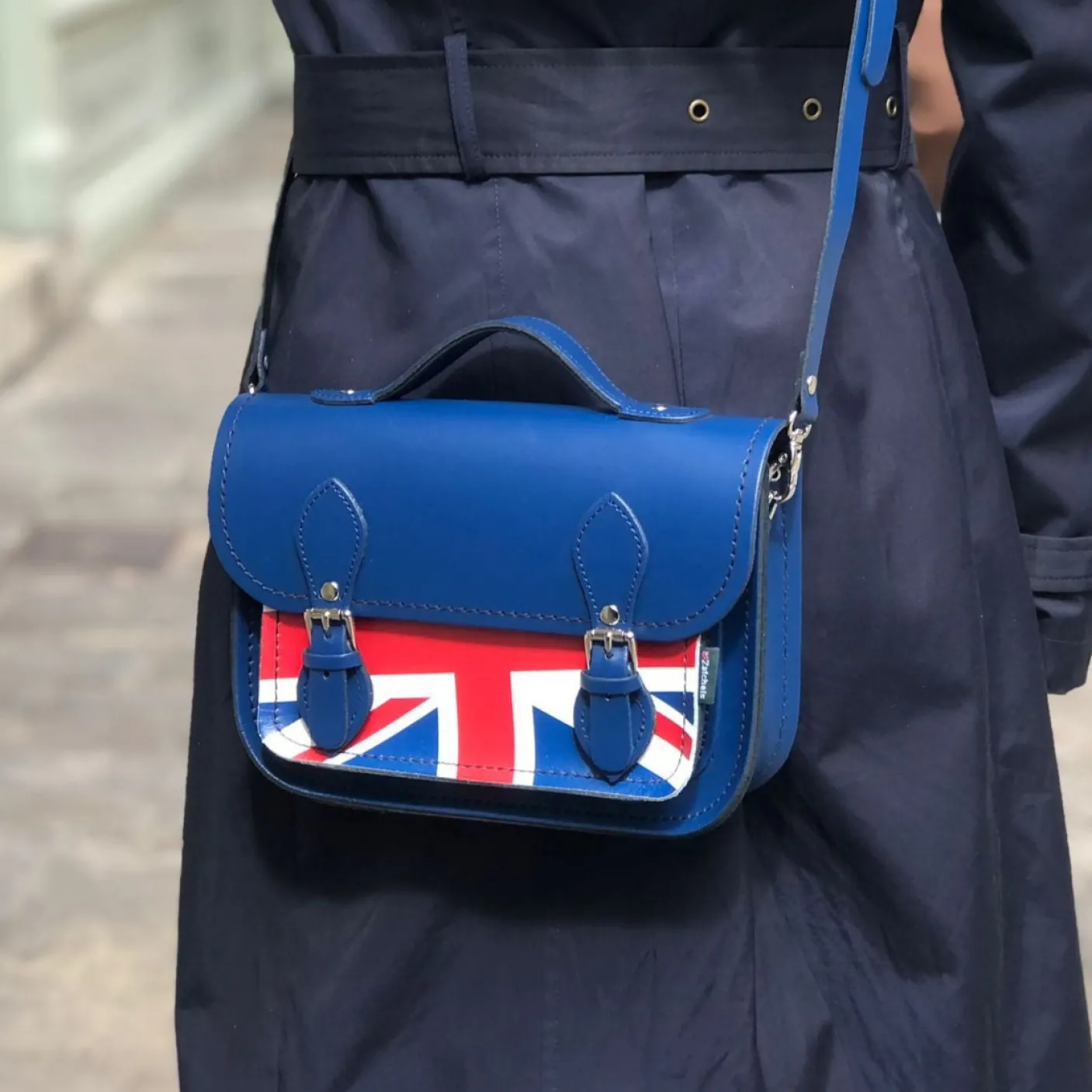 Zatchels Handmade Leather Union Jack Midi Satchel - Navy