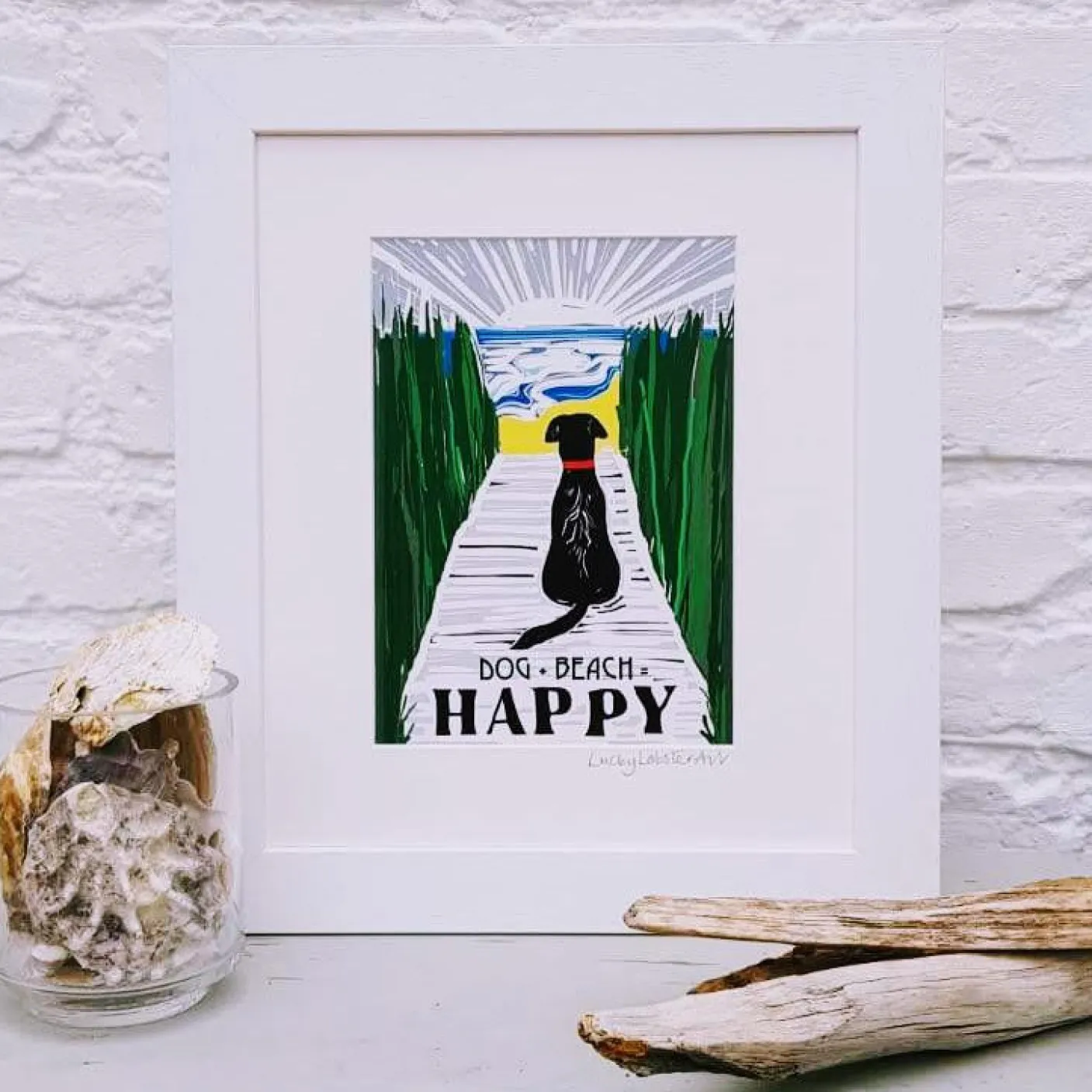 Chocolate Dog + Beach = Happy Print Framed