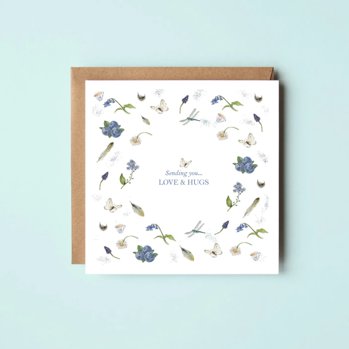 'Sending you Love & Hugs' Butterflies and Blueberries Greetings Card