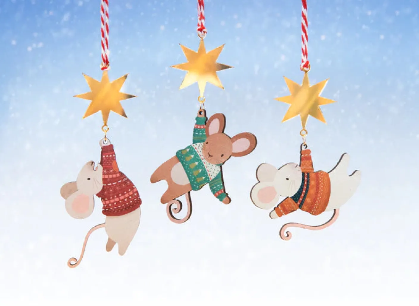 Hanging Mouse and Star Wooden Christmas Decorations