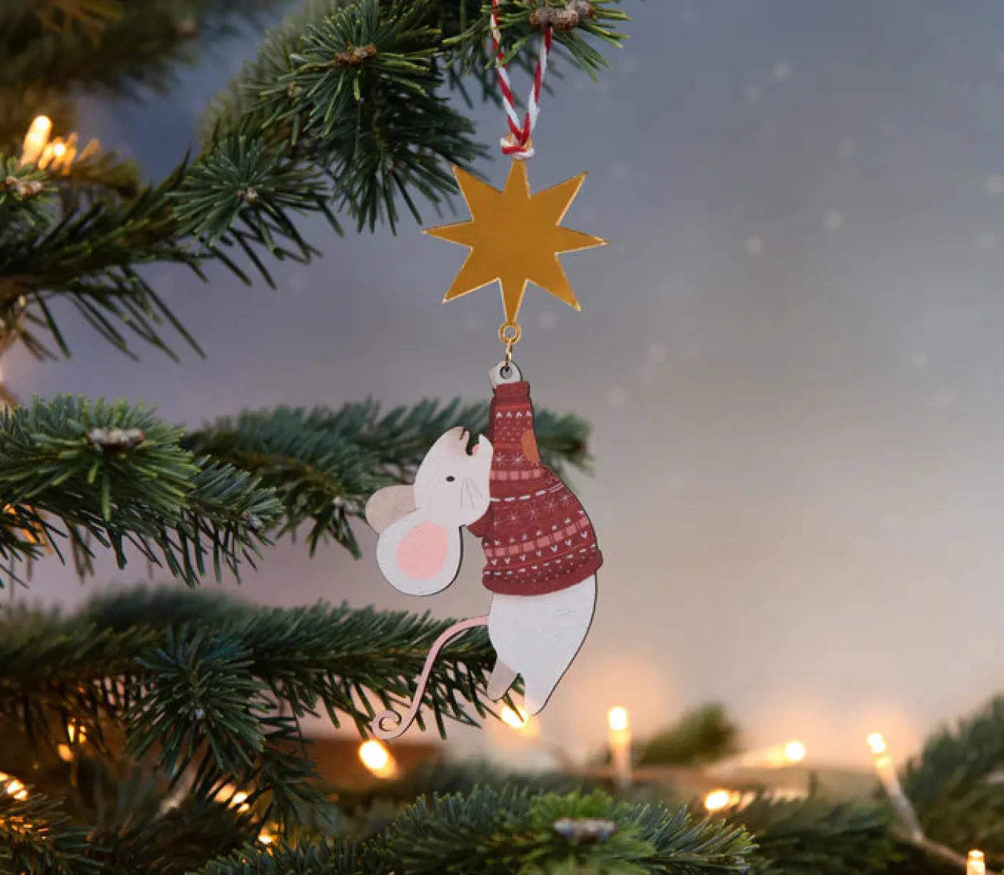 Hanging Mouse and Star Wooden Christmas Decorations