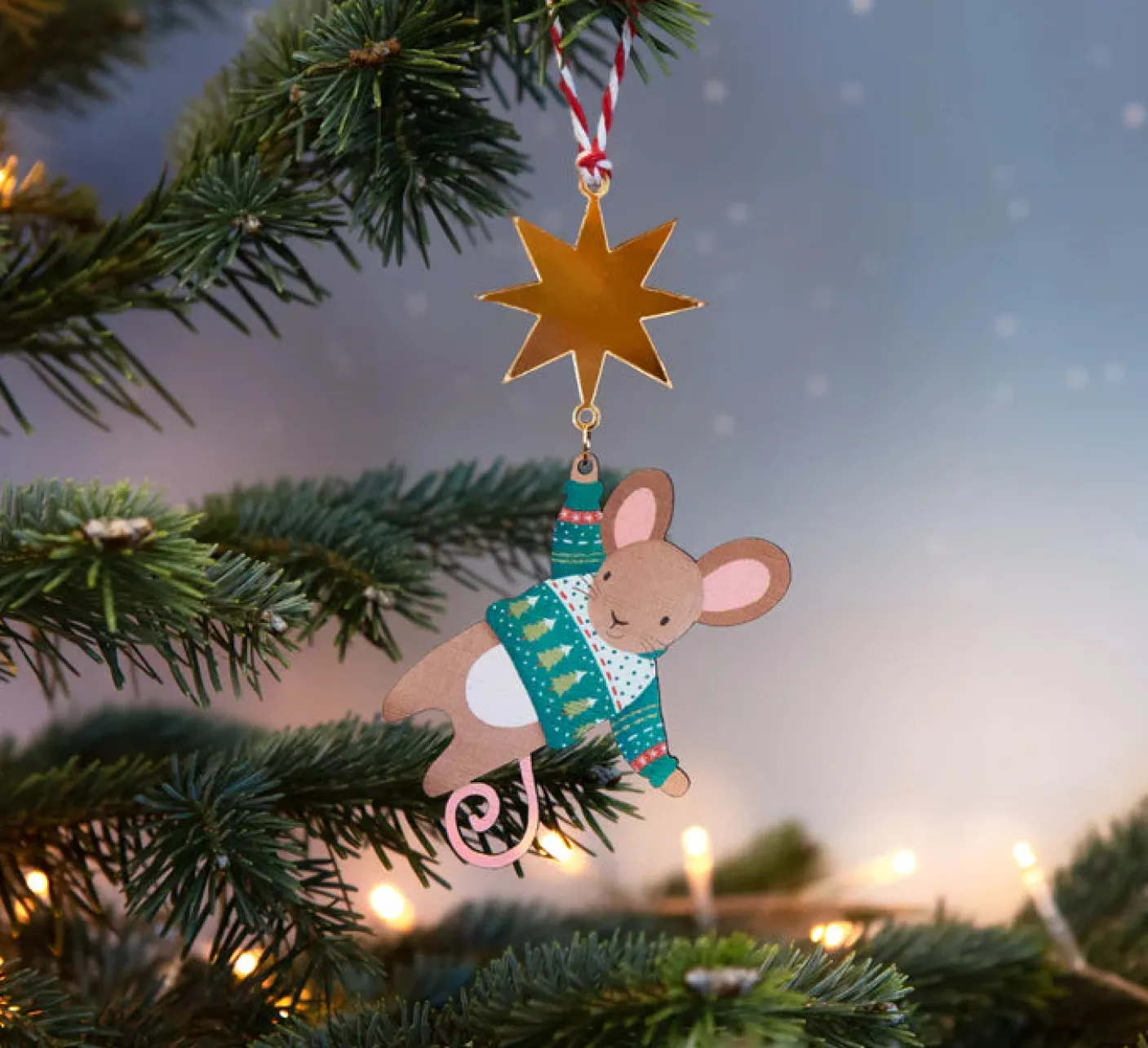 Hanging Mouse and Star Wooden Christmas Decorations