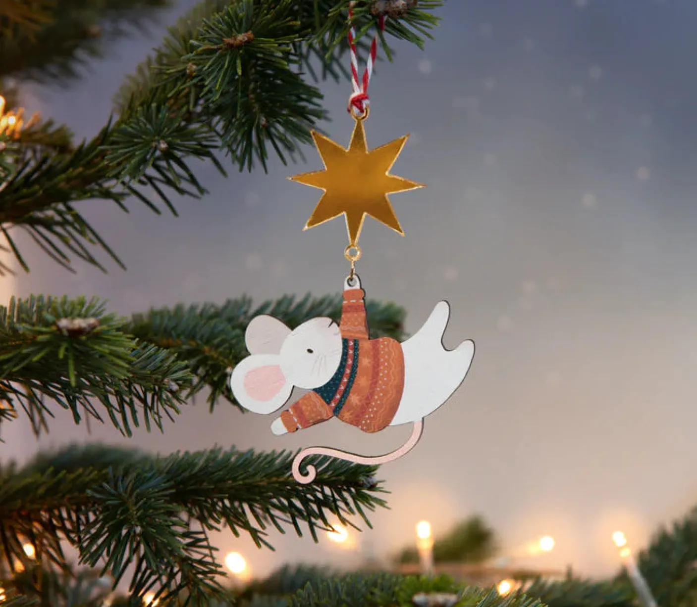 Hanging Mouse and Star Wooden Christmas Decorations