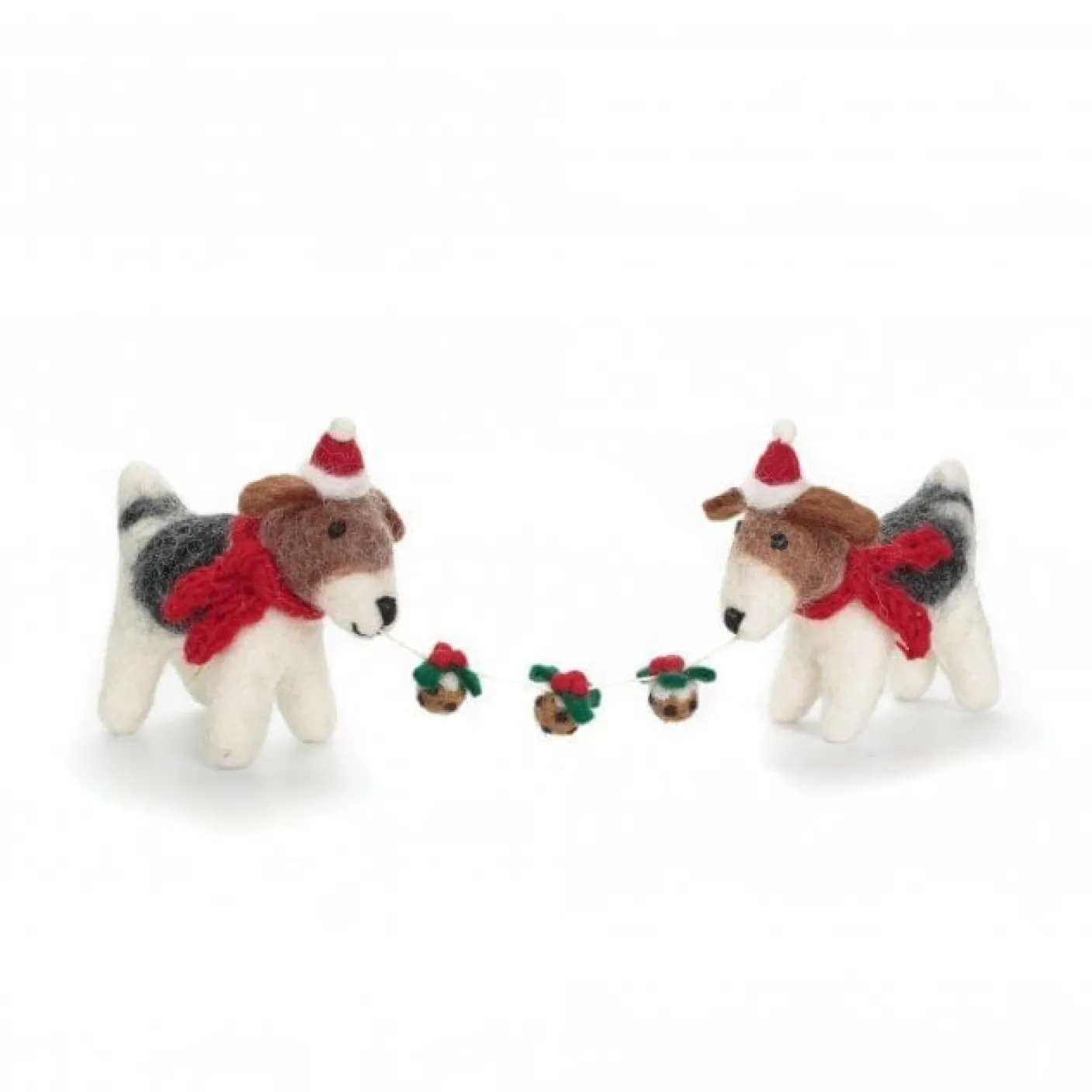 Fox Terrier Pair with Christmas Pudding Garland Felt Decoration