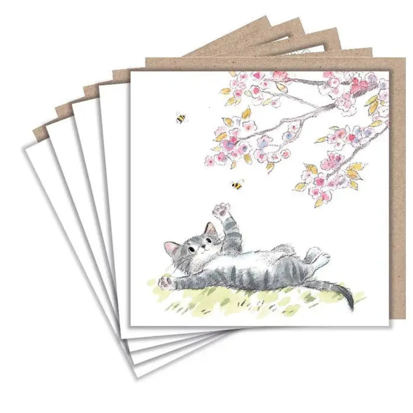 Cat and Cherry Blossoms Set of 5 Notecards