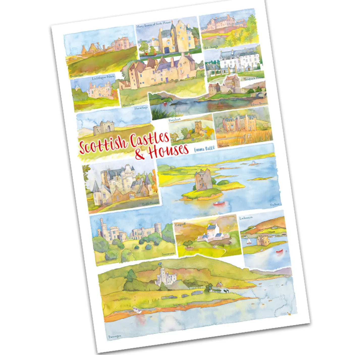 Scottish Castles & Houses by Emma Ball Tea Towel