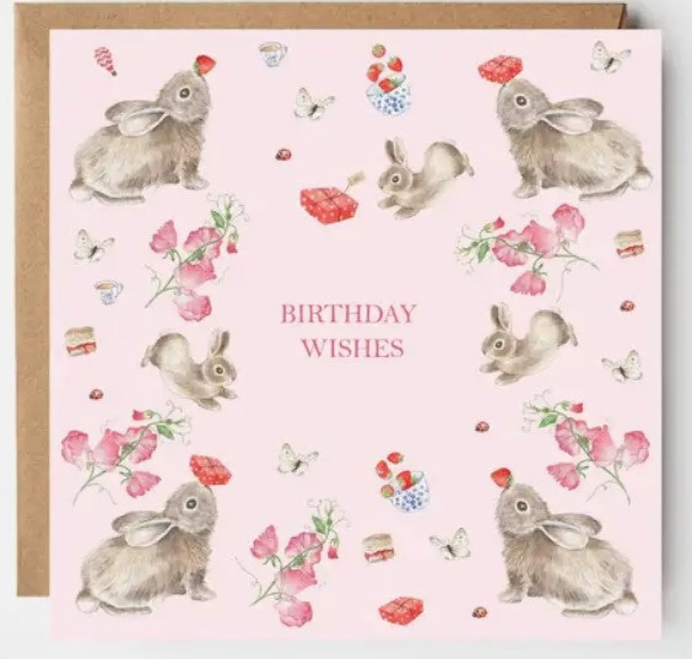 Rabbits Pink Picnic Birthday Card