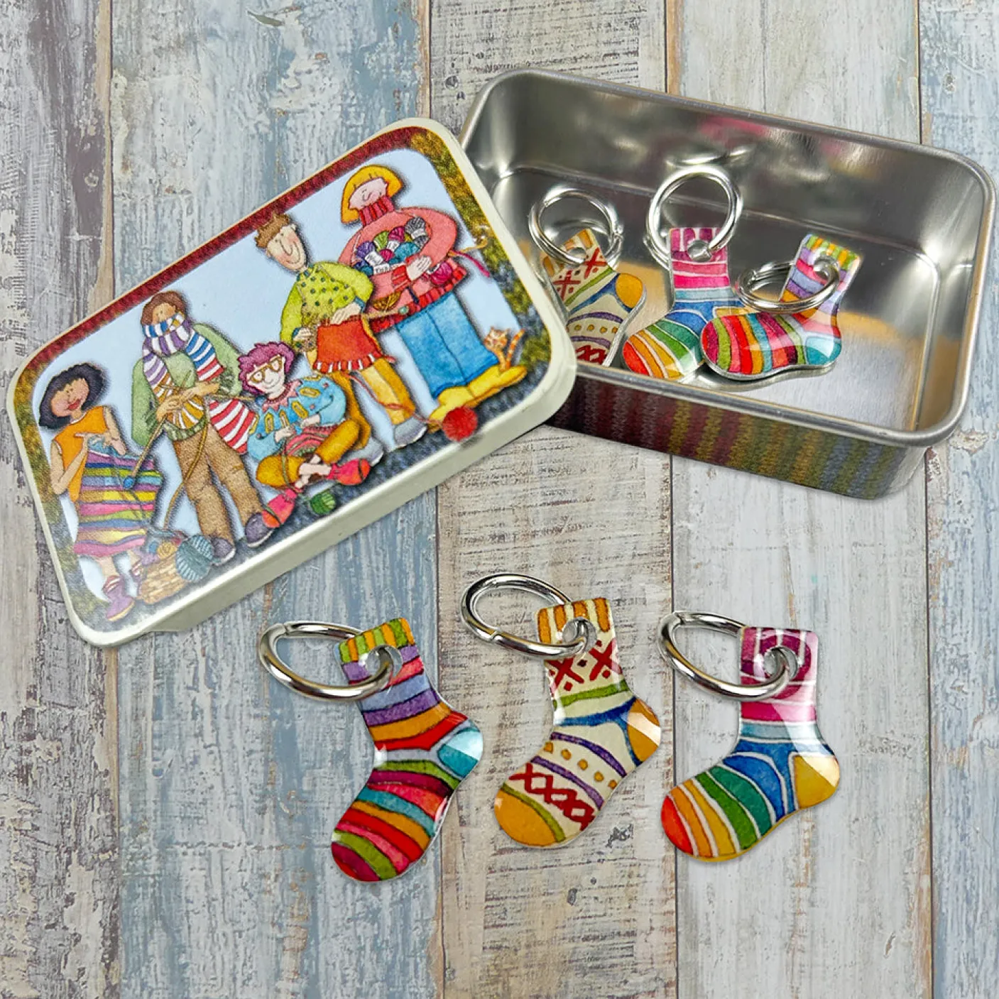 Socks Set of 6 Stitch Markers in a Pocket Tin