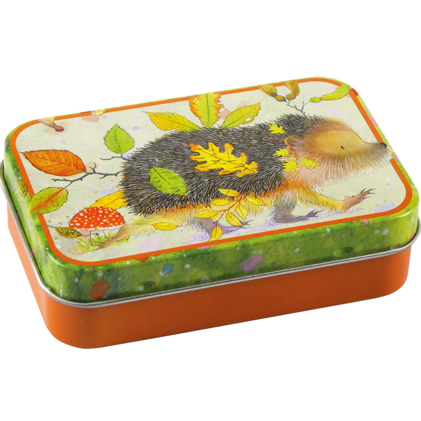 Hedgehog with Leaves  Hinged Small Rectangular Tin