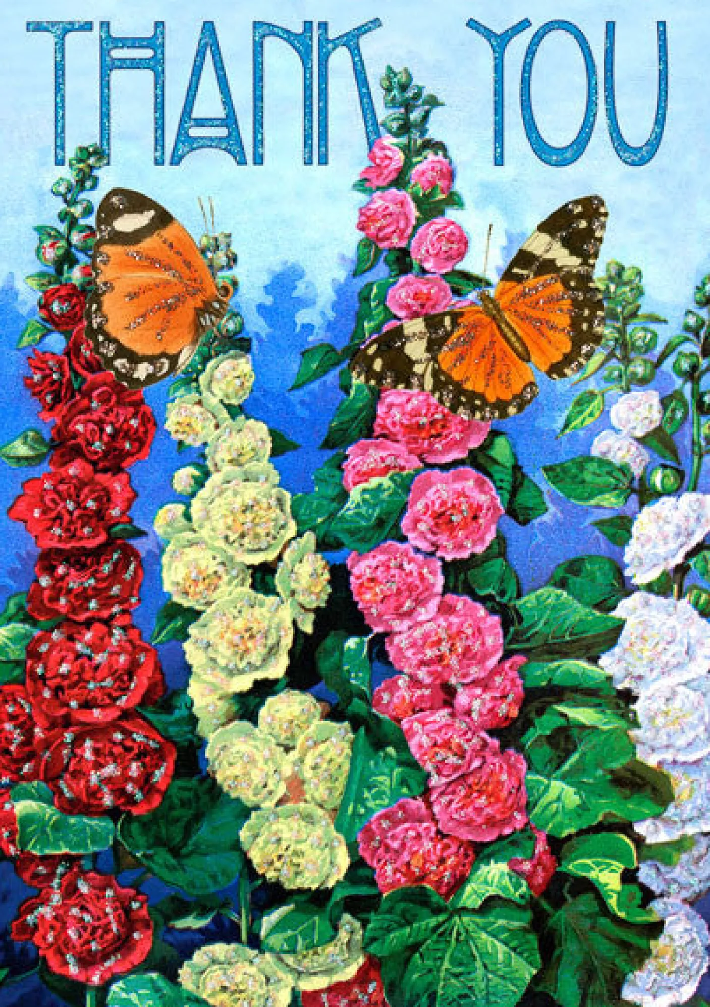 Hollyhocks Glitter Thank You Card