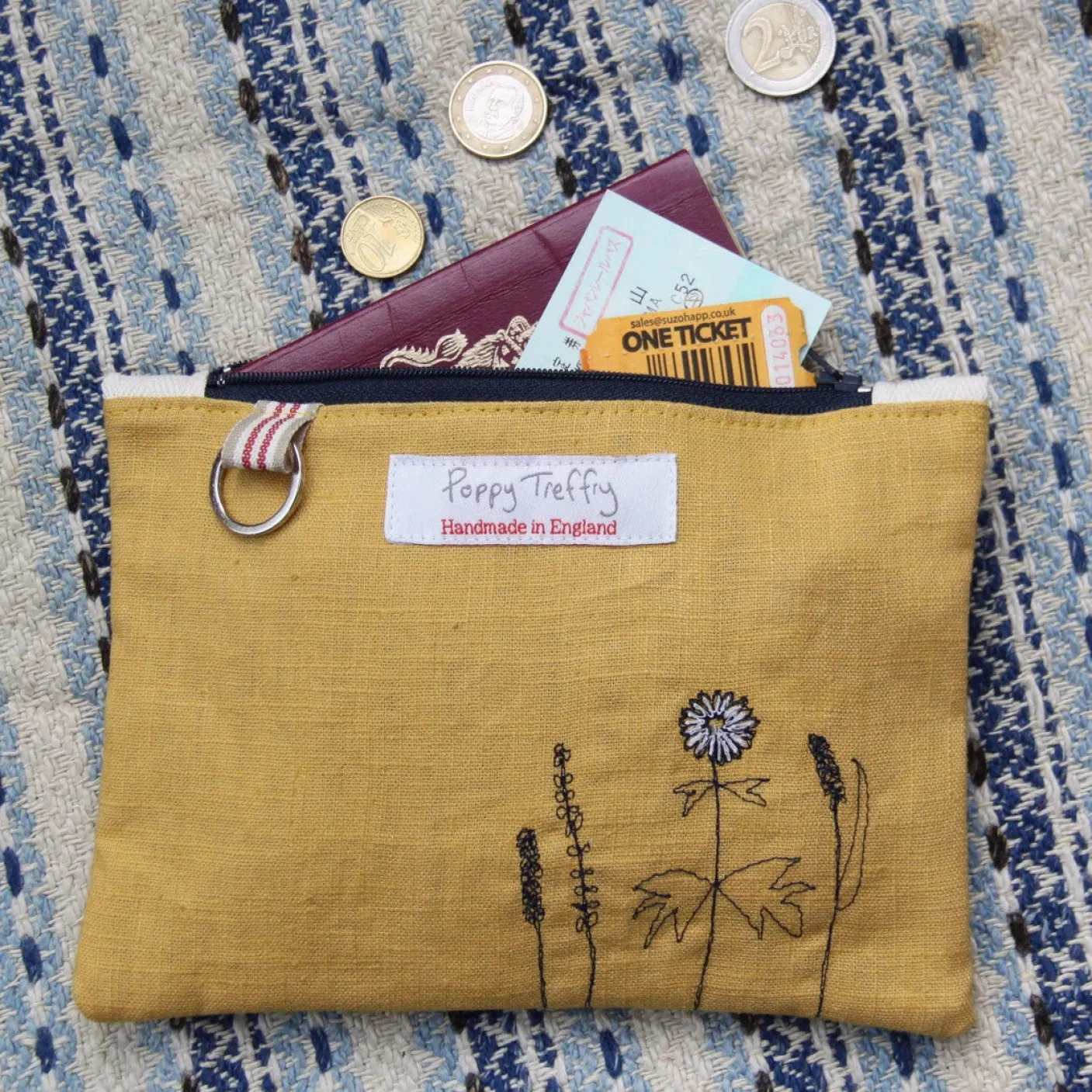 Wild Grasses Flat Embroidered Zip Purse with Keyring