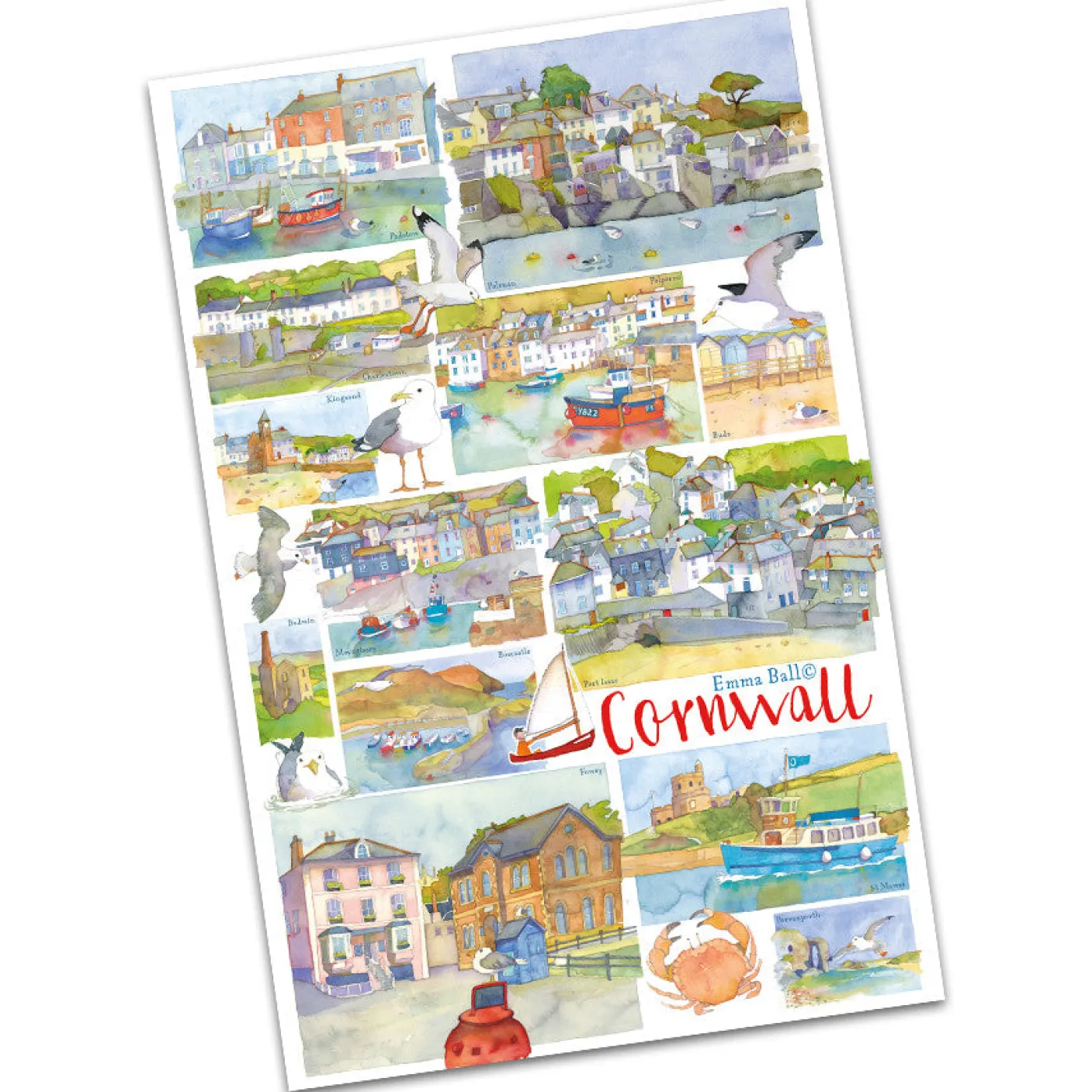 Cornwall by Emma Ball Tea Towel (Red)