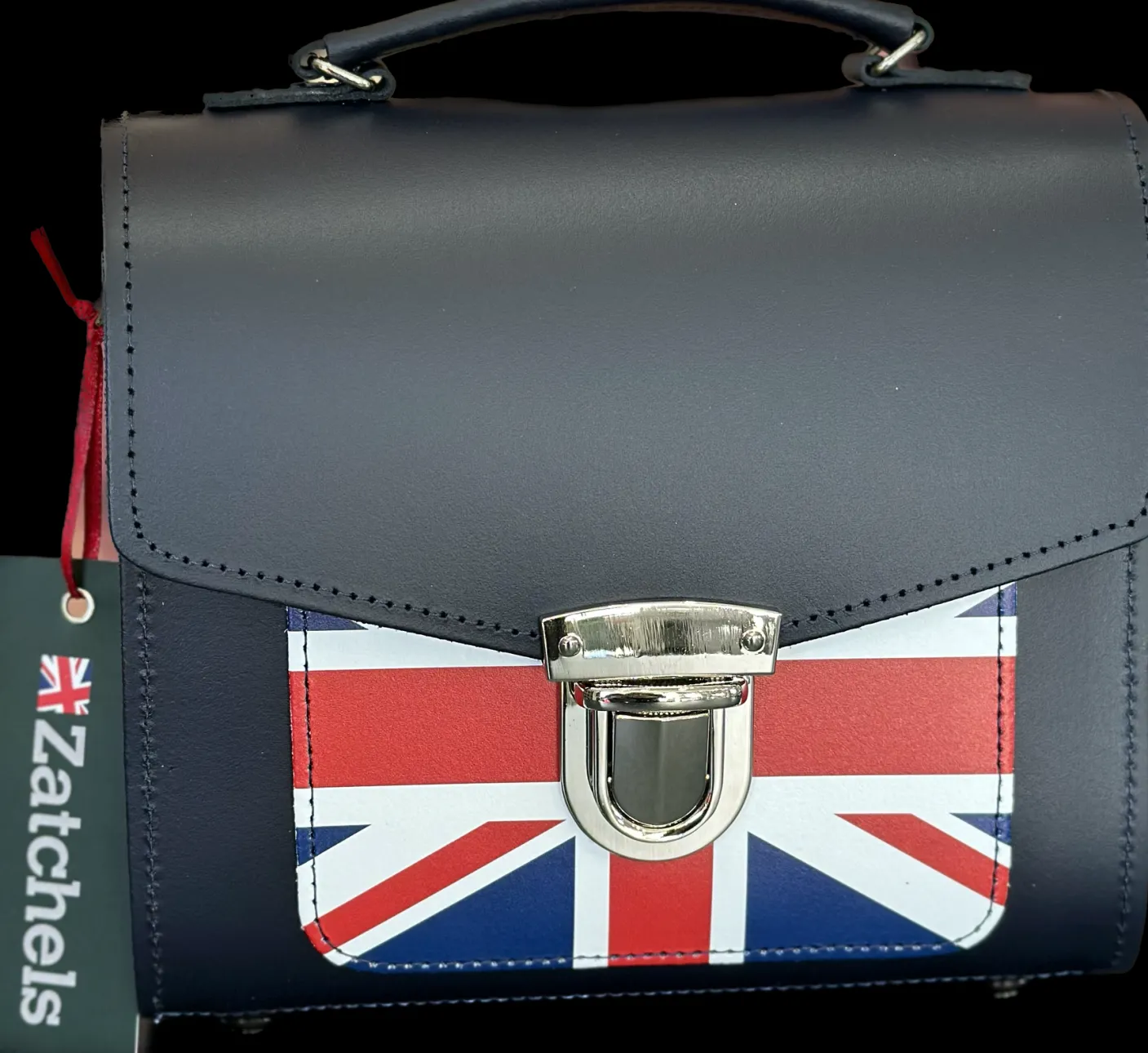 Zatchels Handmade Leather Sugarcube Plus Handbag - Navy with Union Jack