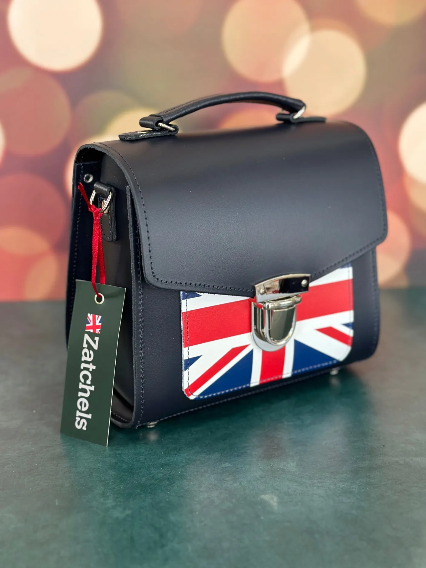 Zatchels Handmade Leather Sugarcube Plus Handbag - Navy with Union Jack