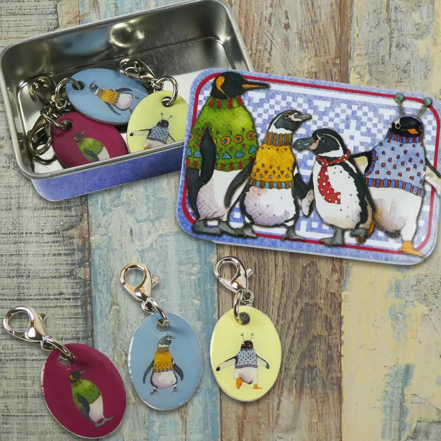 Penguins in Pullovers Set of 6 Stitch Crochet Markers in a Pocket Tin