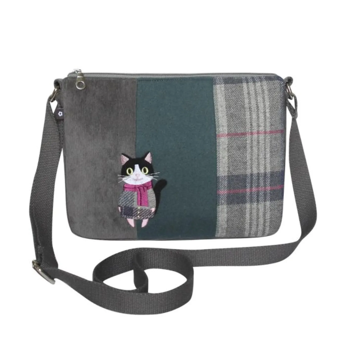 Tweed Applique Cat with Scarf Messenger Bag