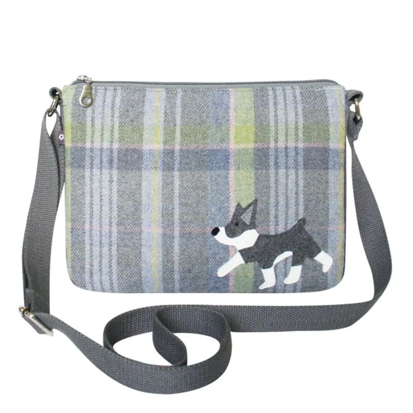 Grey Tweed Grey & White Dog Applique Messenger Bag