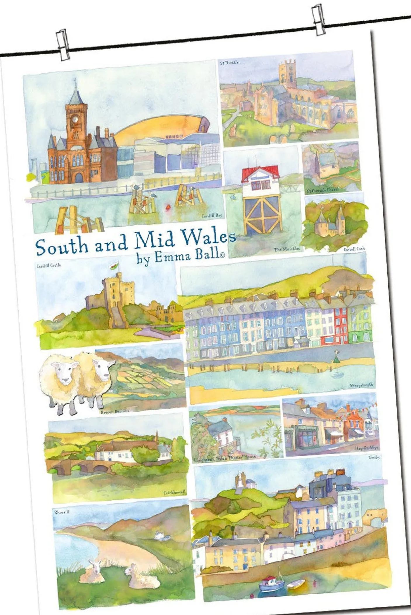 South and Mid-Wales by Emma Ball Tea Towel