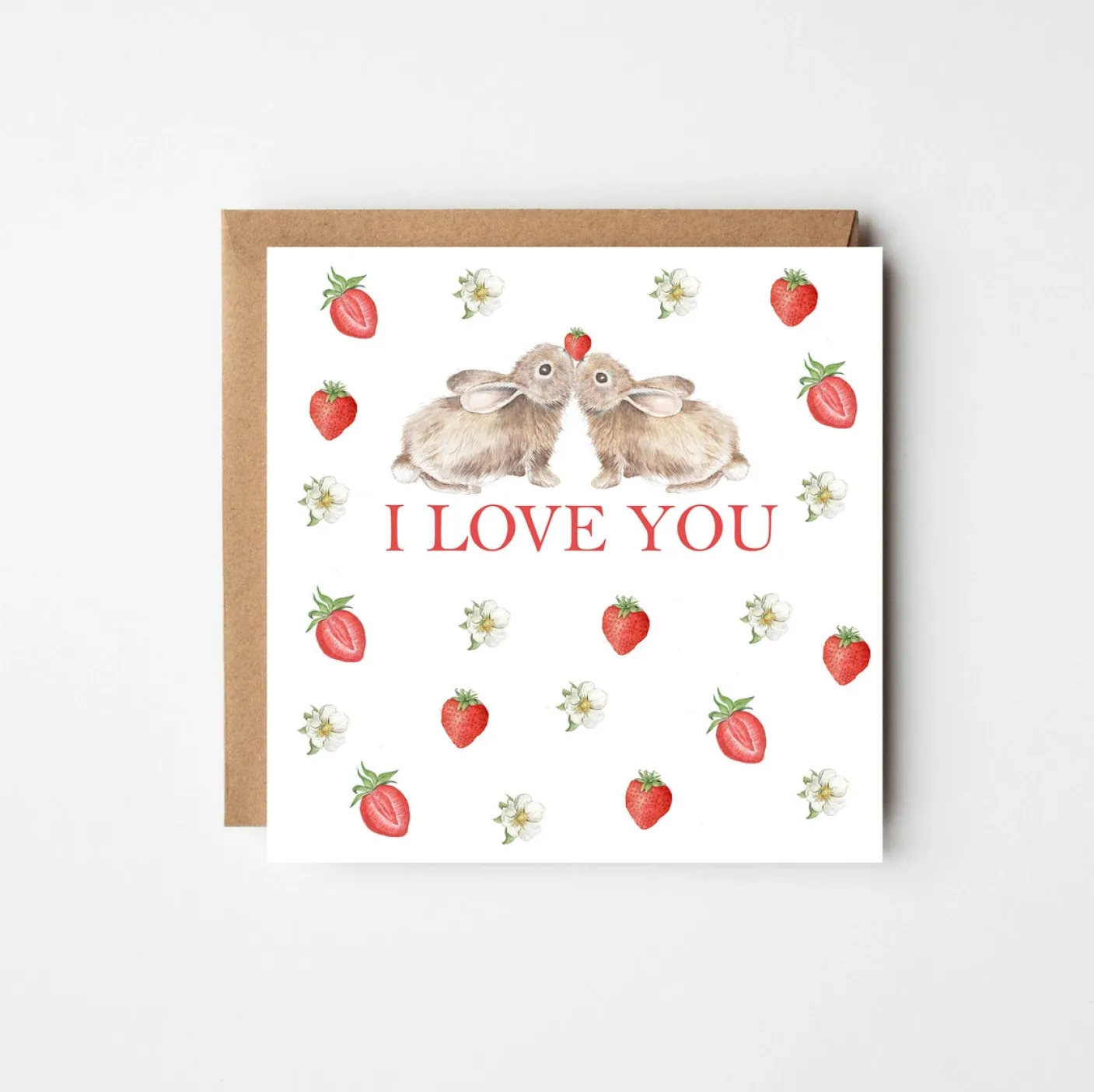 'I Love You' Rabbits and Strawberries Greetings Card
