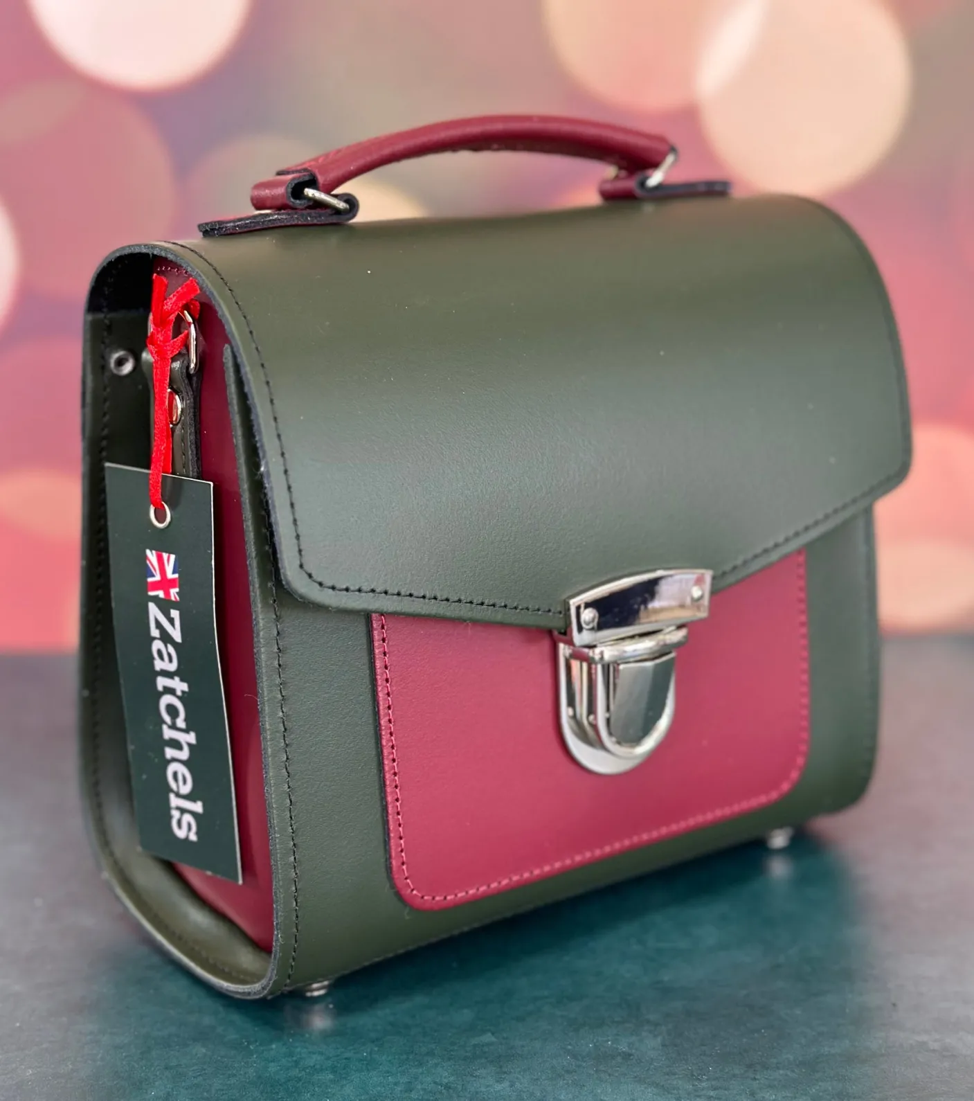 Zatchels Handmade Leather Sugarcube Plus Handbag - Ivy Green with Oxblood Contrast