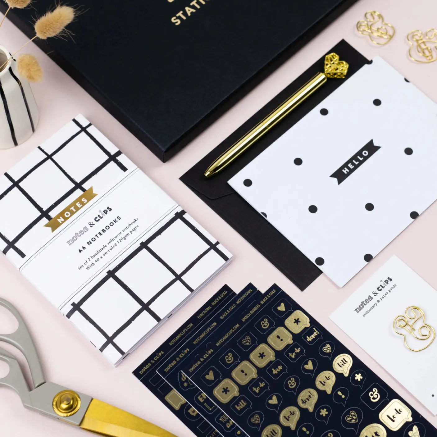 Notes & Clips Black & Gold Stationery Box