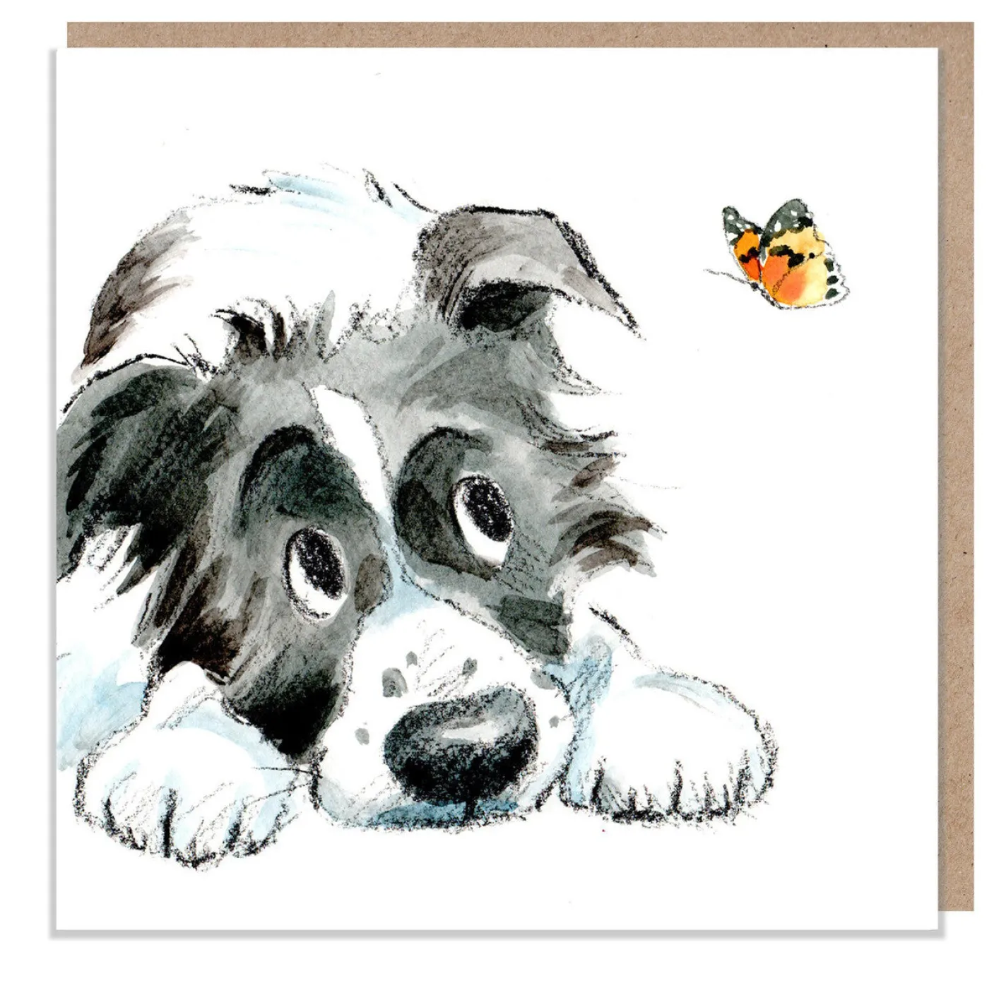 Black and White Collie with Butterfly Greetings Card