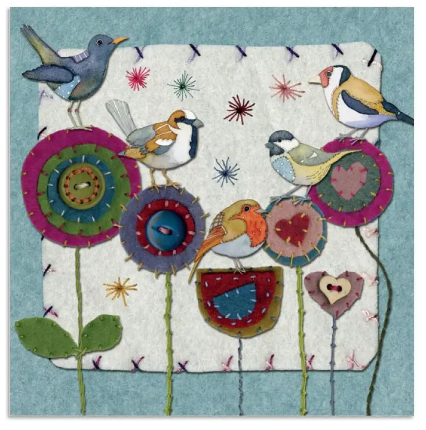 Five Stitched Birdies Greetings Card