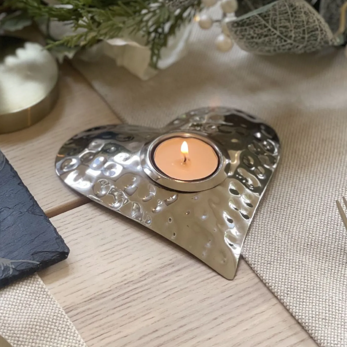 Hand Hammered Heart Tea Light Holder