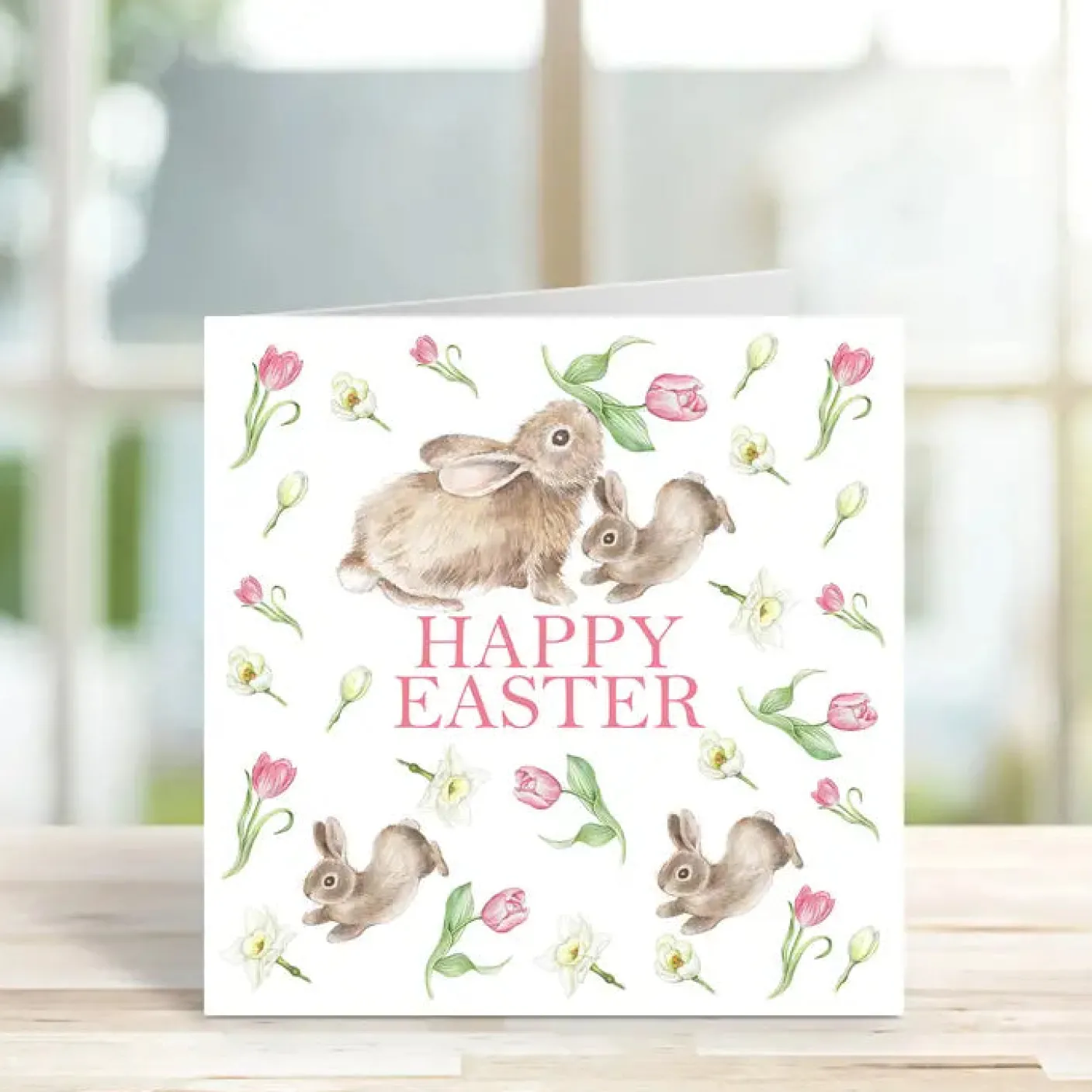 'Happy Easter' Rabbits and Tulips Easter Card
