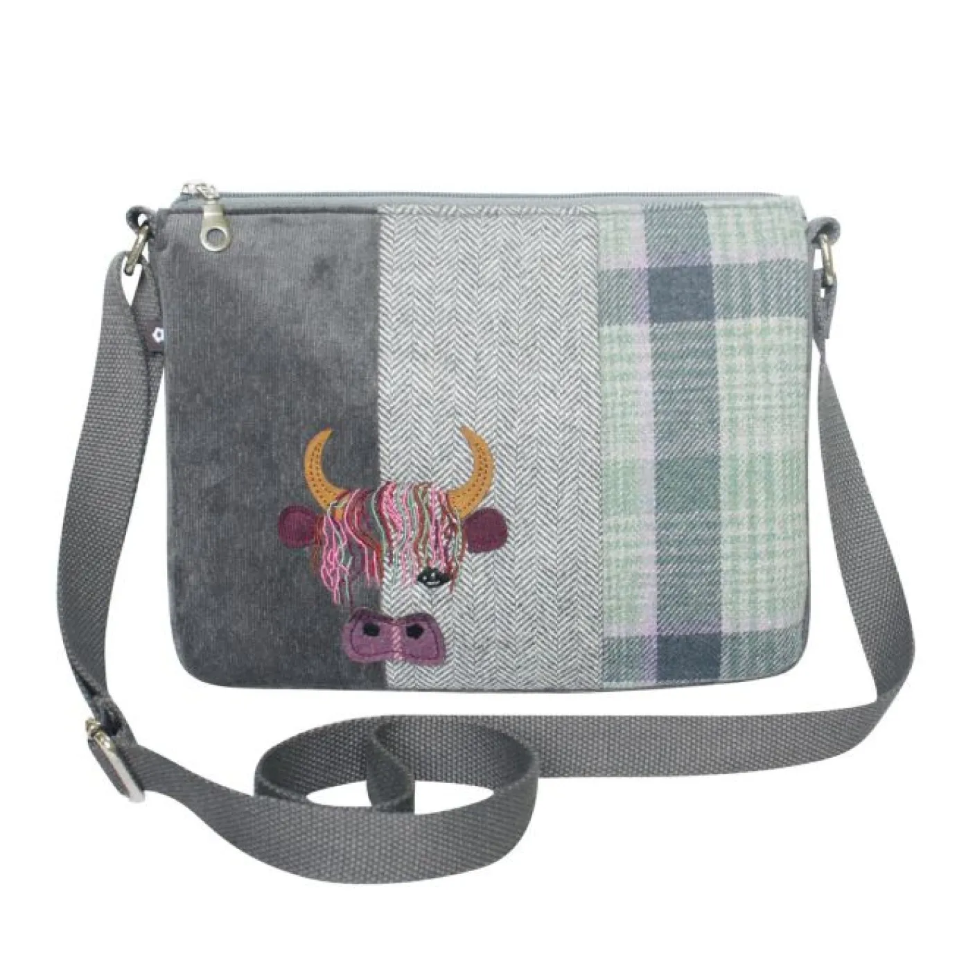 Green Tweed Cow Applique Messenger Bag