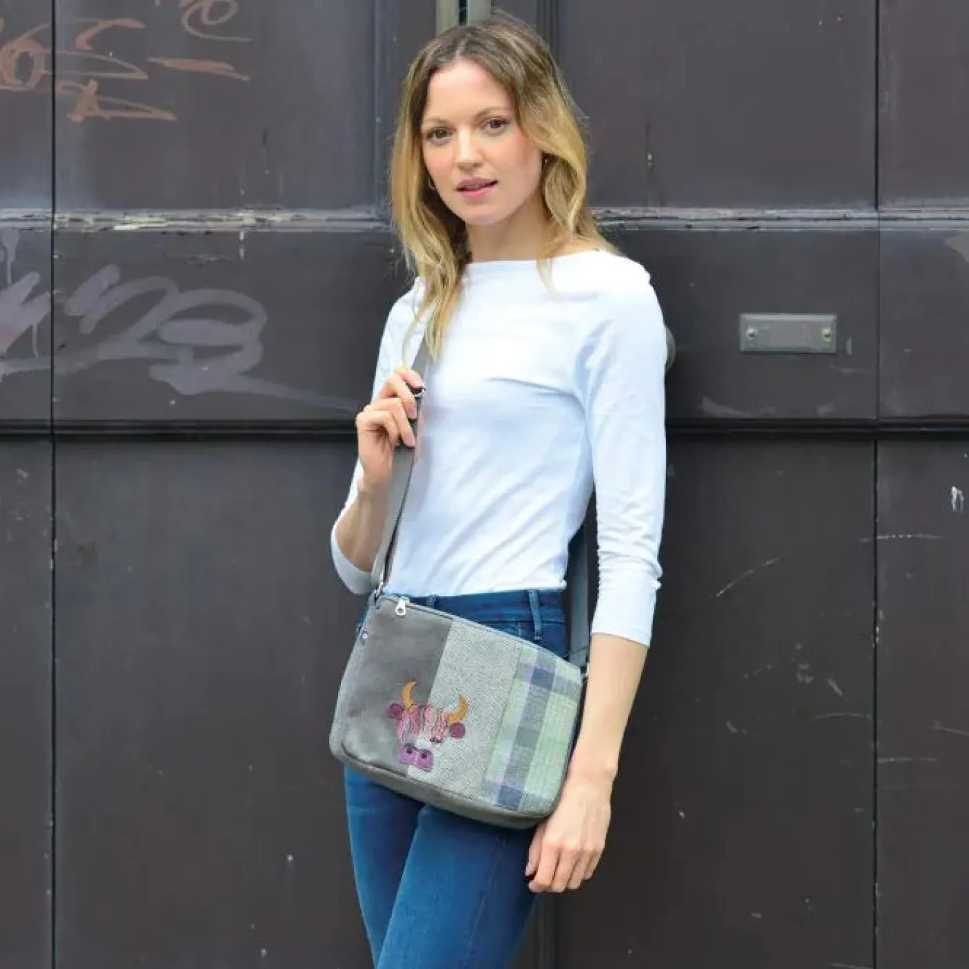 Green Tweed Cow Applique Messenger Bag