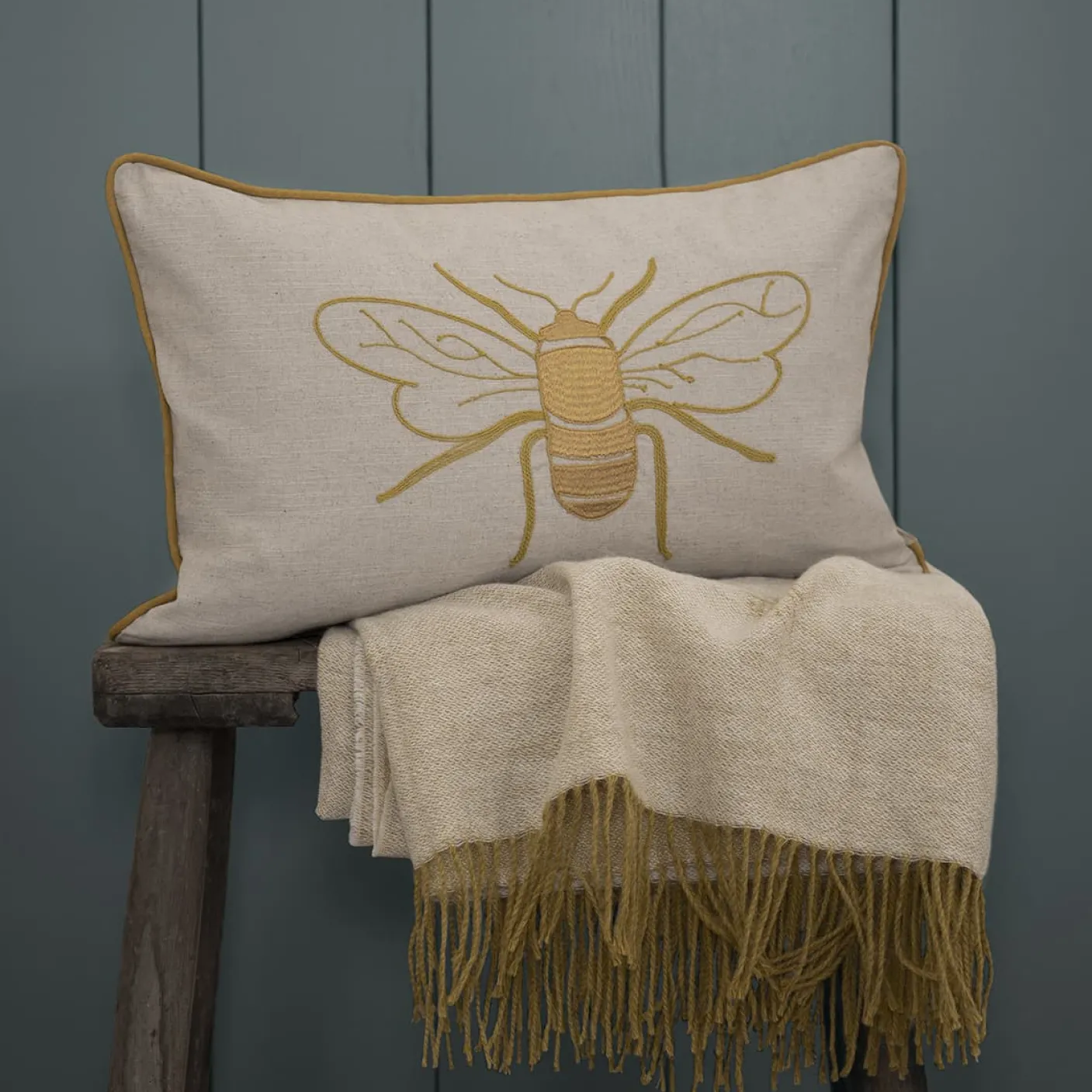 Embroidered Bees Linen Blend Pillow