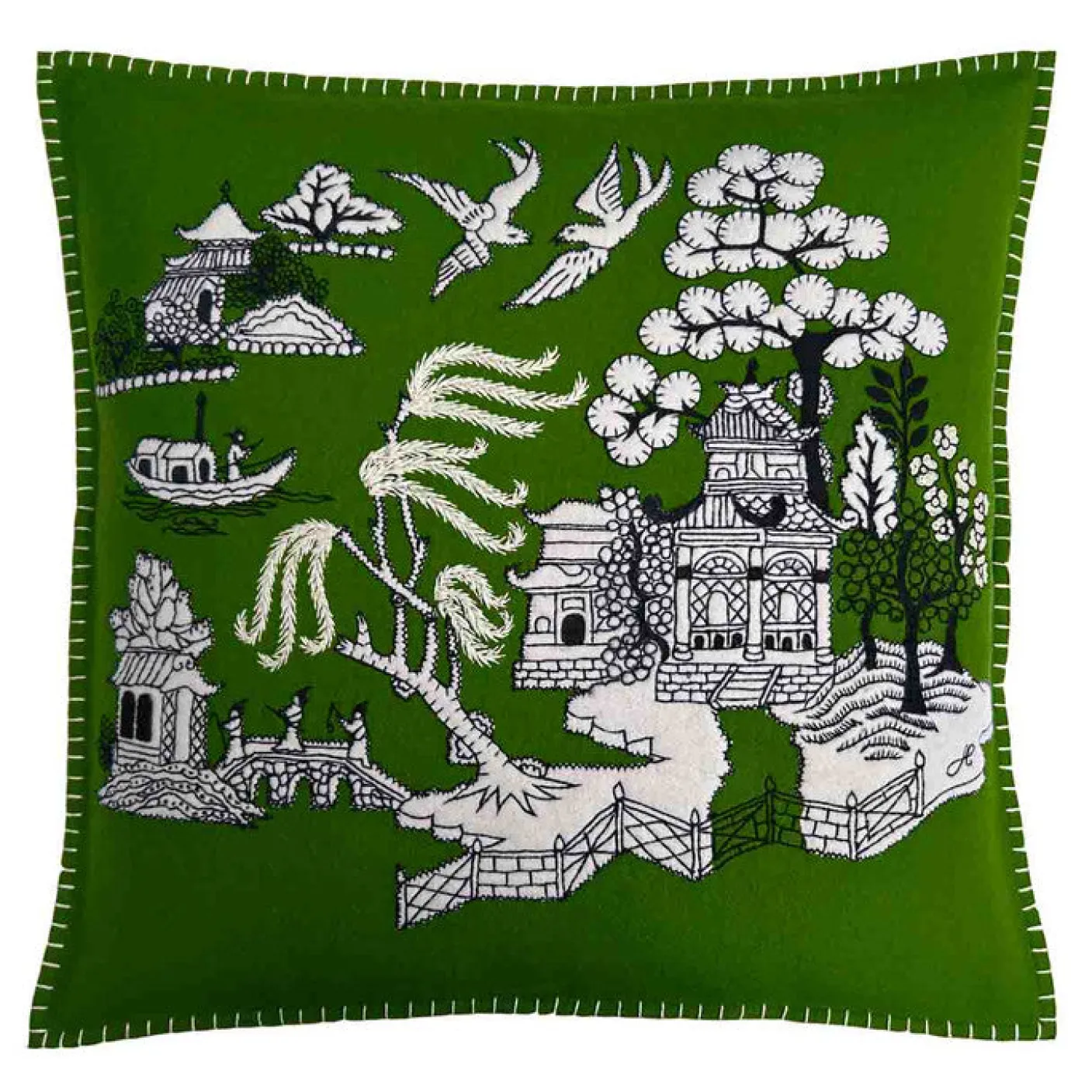 Deep Green Willow Pattern Wool Pillow