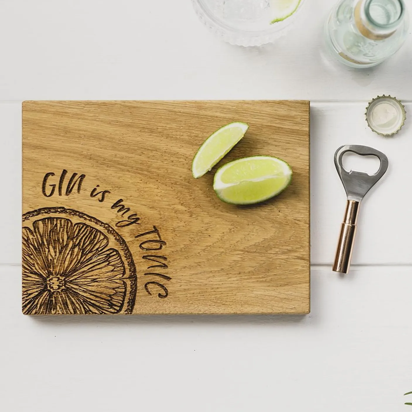 Gin is My Tonic Oak Cutting Board & Bottle Opener Set